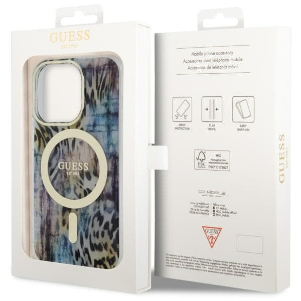 Guess Leopard MagSafe -kotelo iPhone 14 Pro Maxille, sininen