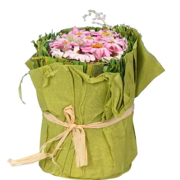 Grön komposition med rosa papperblommor 12 cm