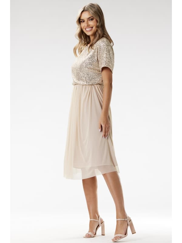 Kimono midiklänning i paljetter och tyll - beige M