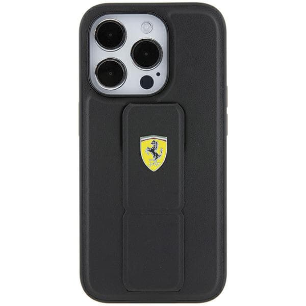 Ferrari Grip Stand Metal Logo Cover til iPhone 15 Pro, Sort