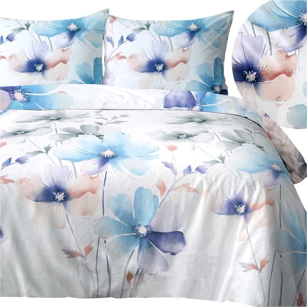 Bomullssängkläder 160x200 satin BOMULL stora blommor färger blågrå