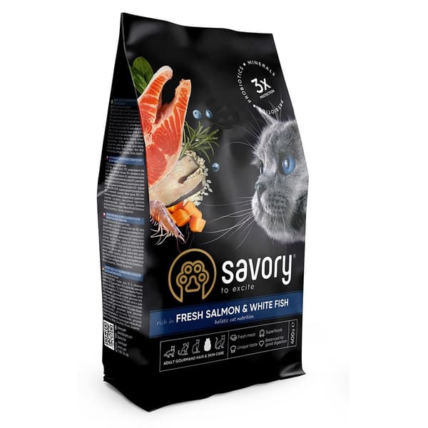 Savory Premium torrfoder för vuxna katter, lax, vit fisk, 400 g