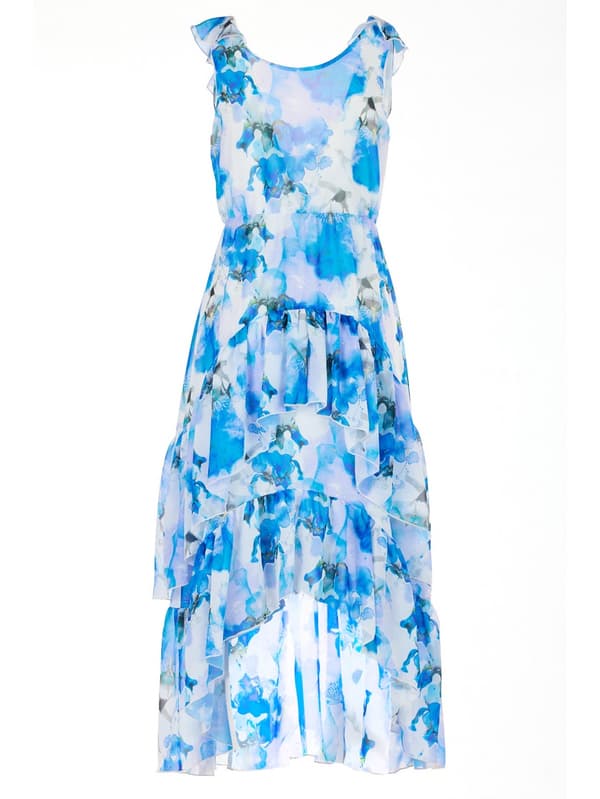 Asymmetrisk midikjole med flæser i chiffon, blå blomster M