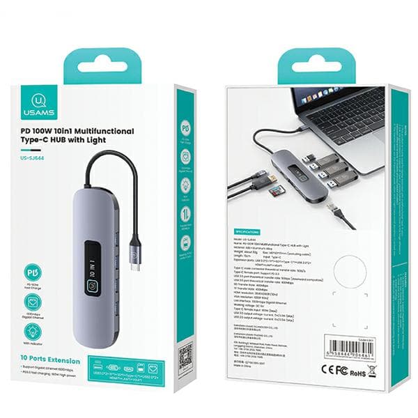 USAMS HUB 10in1 -sovitin 3xUSB 3.0/TF/SD/USB-C/HDMI/RJ45/VGA PD100W harmaa