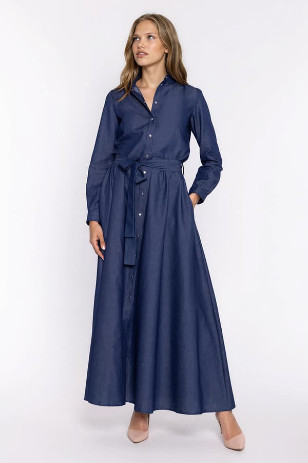 Denim maxiklänning med långa ärmar 42