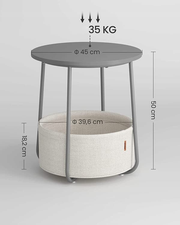 Runt soffbord, 45 cm, grått, med korg och stålram.