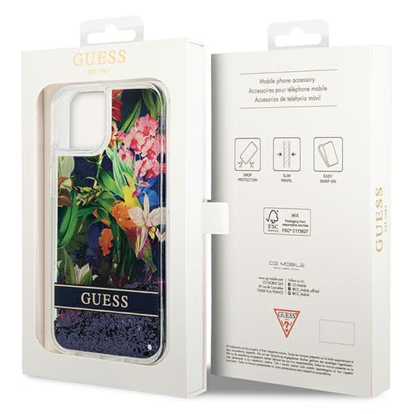 Guess Flower Liquid Glitter cover til iPhone 14, blå