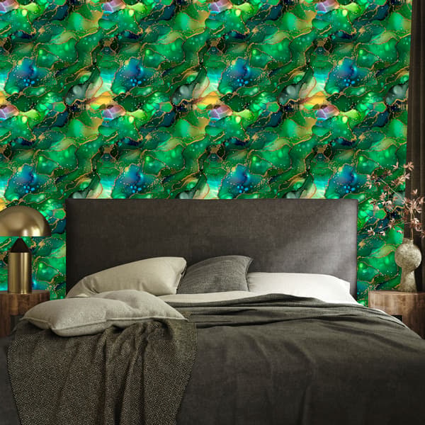 Musteenvihreä, pullonvihreä ja merensininen tapetti 50x1000 cm