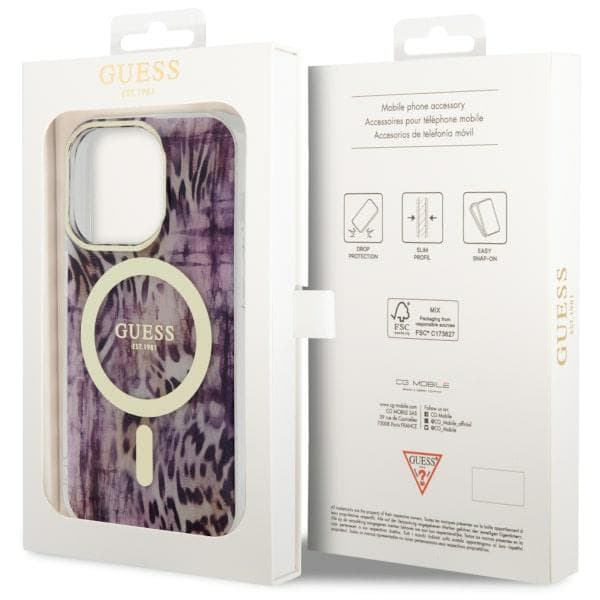 Guess Leopard MagSafe -kotelo iPhone 14 Prolle, pinkki