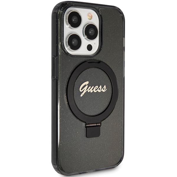Guess Ring Stand Script Glitter MagSafe -kotelo iPhone 15 Prolle, musta