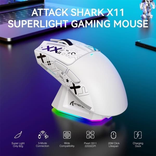Attack Shark X11 trådløs gaming mus med greb til PC/Mac hvid