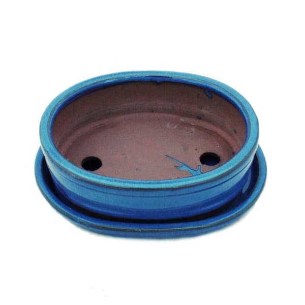 Bonsaiskål med underfat Gr. 2 - Blå - oval - Model O7 - L 15,5cm - B 12cm - H 4,5cm