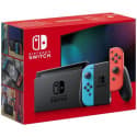 Nintendo Switch console with a neon red joy-con and a neon blue joy-con