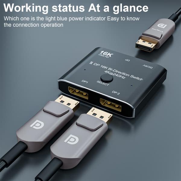 DisplayPorts-switch 16K / DisplayPort-switch 2 ind 1 ud / DP-switch tovejs