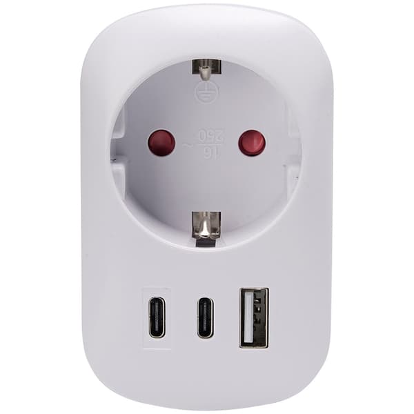 Stikadapter med stikkontakt og 2 USB-porte (C+A) – Hvid / USB-adapter / Stikdåse