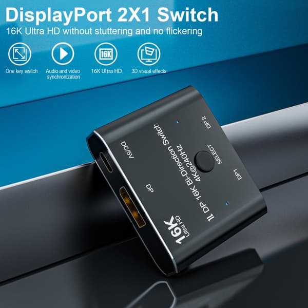 DisplayPorts-switch 16K / DisplayPort-switch 2 ind 1 ud / DP-switch tovejs