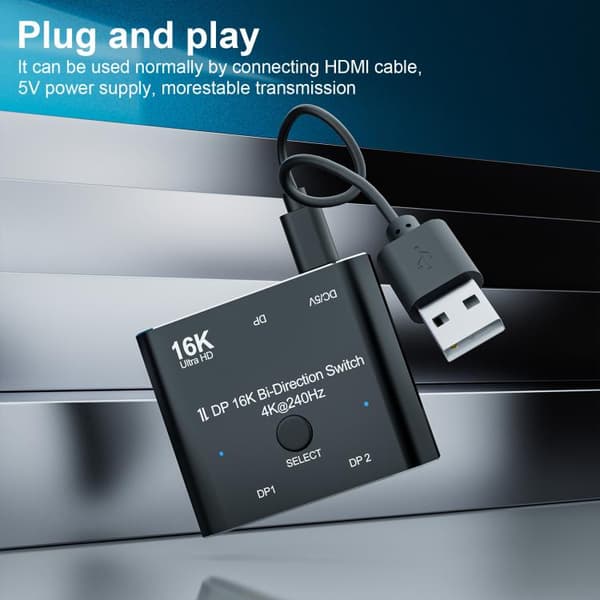 DisplayPorts-switch 16K / DisplayPort-switch 2 ind 1 ud / DP-switch tovejs