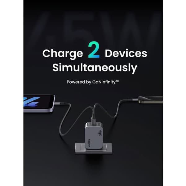UGREEN Verkkolaite - GaN 2 USB-C-porttia - 45W - Harmaa