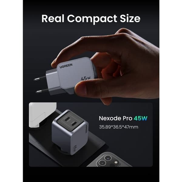 UGREEN Verkkolaite - GaN 2 USB-C-porttia - 45W - Harmaa
