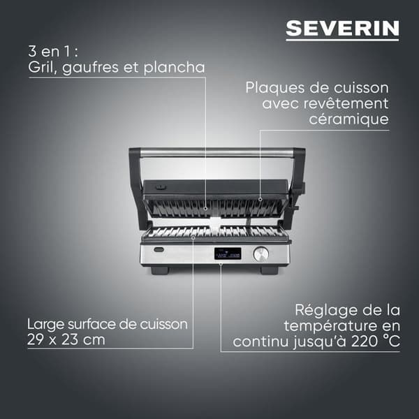 3-i-1 multifunktionsgrill - SEVERIN - KG 2380 - 2000 W - 3 sæt plader - LED-display - Sort/rustfrit stål