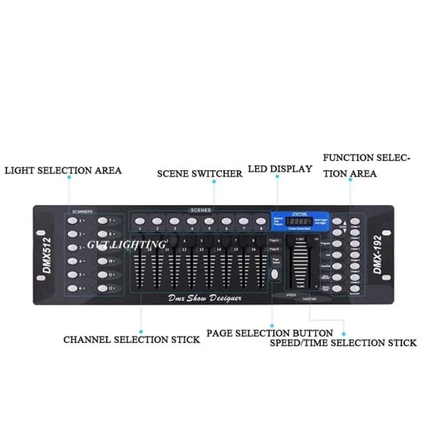 192 DMX-scenbelysningskontroller, 512 DMX-konsoler, DJ-kontrollutrustning, 8 programmerbara scener, automatisk triggerstatus
