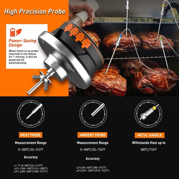 0-380°C smart Bluetooth matlagningstermometer med 2 sonder, grilltermometer med app-kontroll, avtagbar design