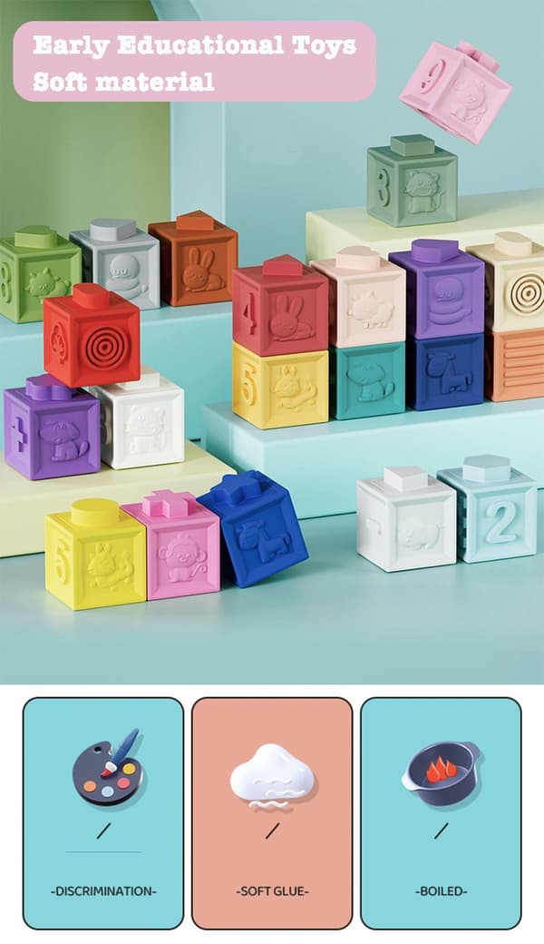 Bløde byggeklodser til småbørn - 12/6/3 stk. Montessori Stacker Cube Badelegetøj til tidlig uddannelse