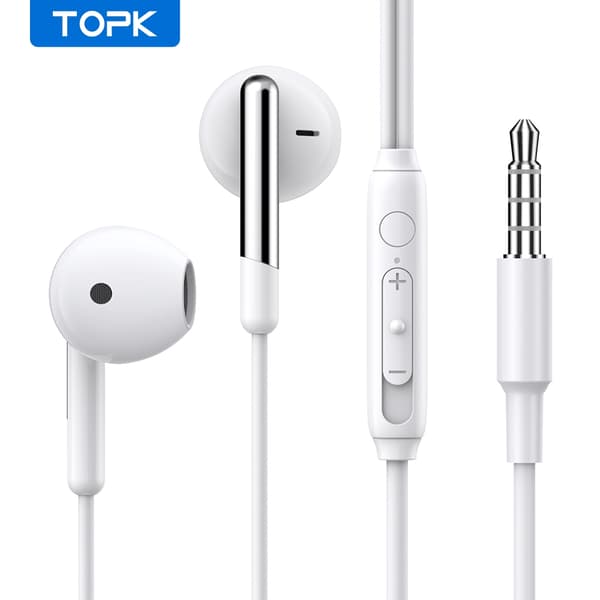 TOPK Hörlurar In-Ear Volymkontroll med Mikrofon 3,5 mm Jack Universal för iPhone Android