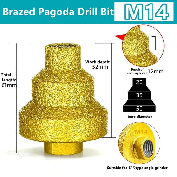 Loddet pagodebor M10 M14 Loddet diamanttårnbor Flise Sten Klippe Pladebor Oprivning