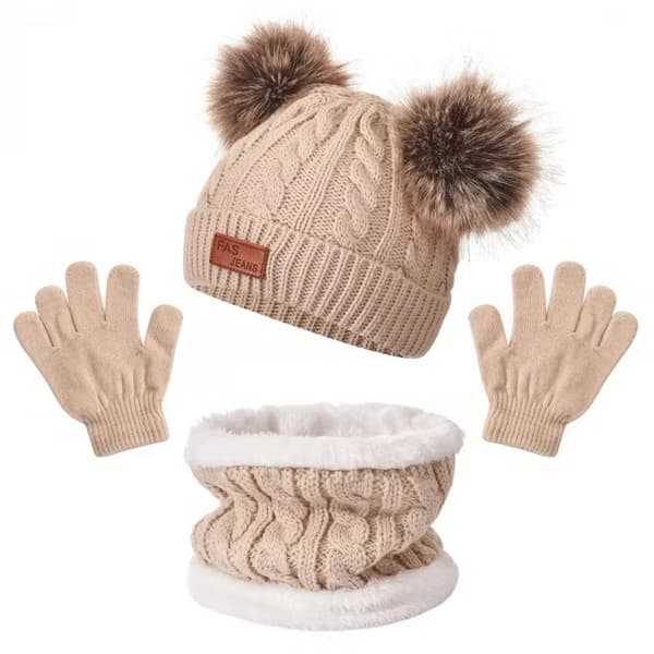 3st Vinterset för barn: Stickad Pompom-mössa, halsduk och handskar - varm solid mössa för småbarn