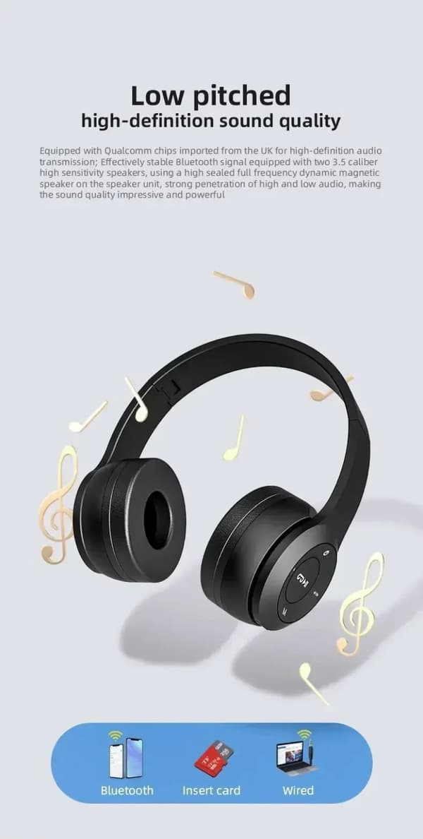 Multifunktionelt bærbart, foldbart, hovedmonteret, trådløst Bluetooth 5.0-headset til Bluetooth-forbindelse med TF-kort og kabelforbindelse