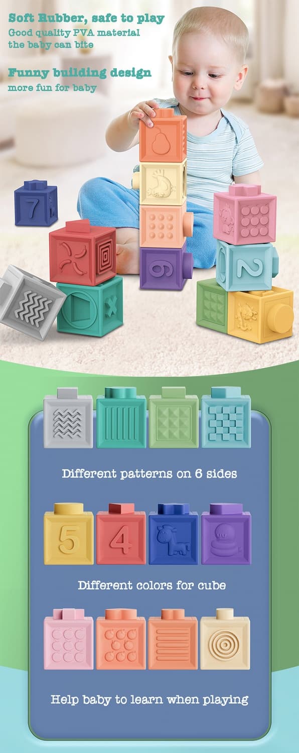 Bløde byggeklodser til småbørn - 12/6/3 stk. Montessori Stacker Cube Badelegetøj til tidlig uddannelse