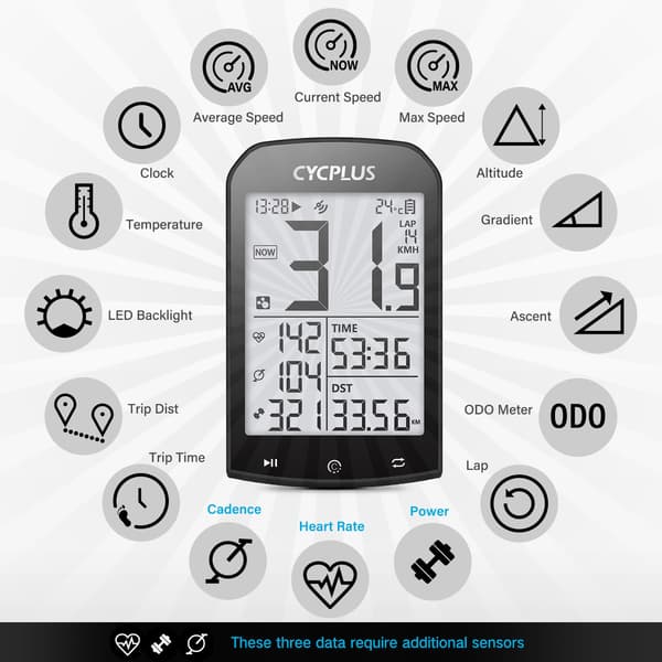 CYCPLUS M1 GPS Cykelcomputer Cykelhastighedsmåler Bluetooth 5.0 ANT+ til Garmin Zwift
