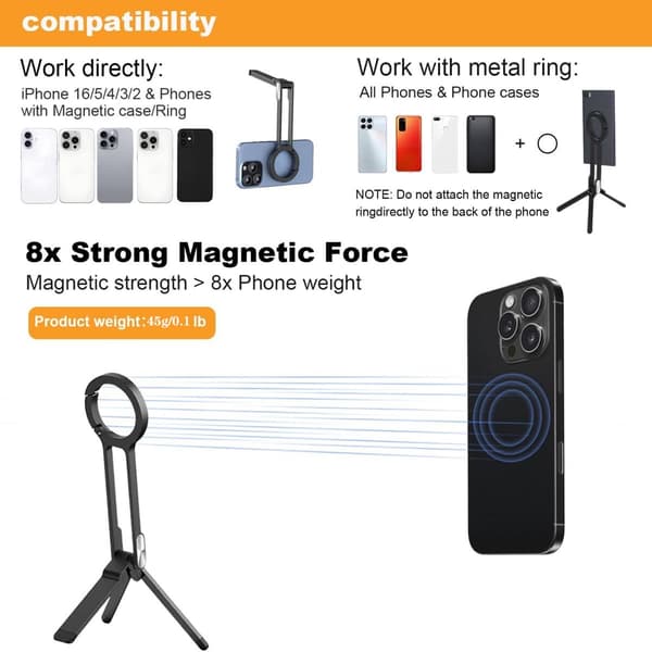3-i-1 magnetiskt 360° justerbart ultralätt mini-stativ med snäppspänne vikbart telefonfäste