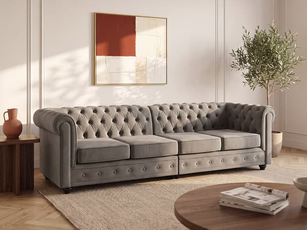 Vente-unique - Soffa 4 platser i mörkgrå sammet - Chesterfield
