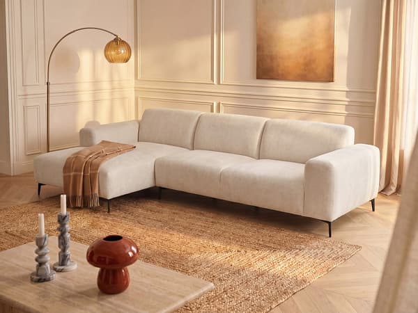 Vente-unique - Vänstervänd hörnsoffa i texturerat beige tyg SAPIGO
