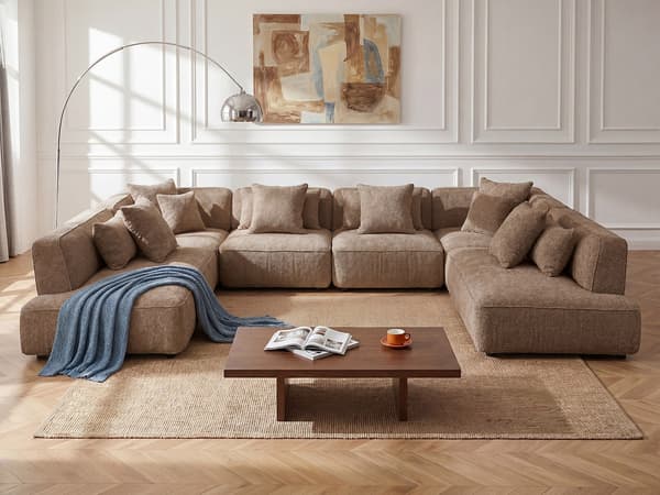 Vente-unique - Högervänd schäslong i taupe bouclé-tyg LELACO