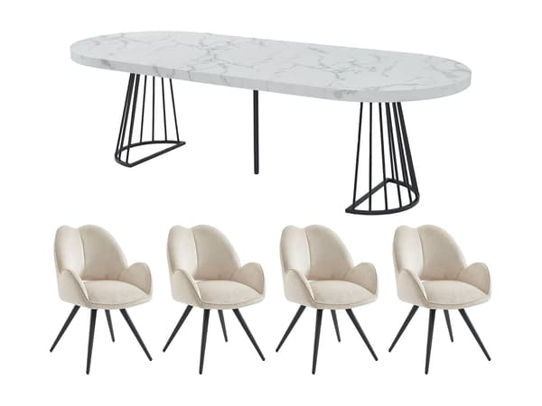 Vente-unique - FIRELA bord och 4 GULSUN stolar - Vit och beige marmoreffekt