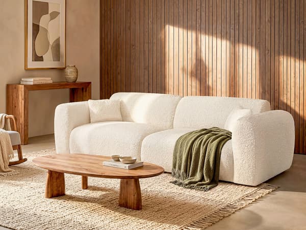 Vente-unique - 4-sits bäddsoffa vit bouclétyg POGNI från Maison Céphy