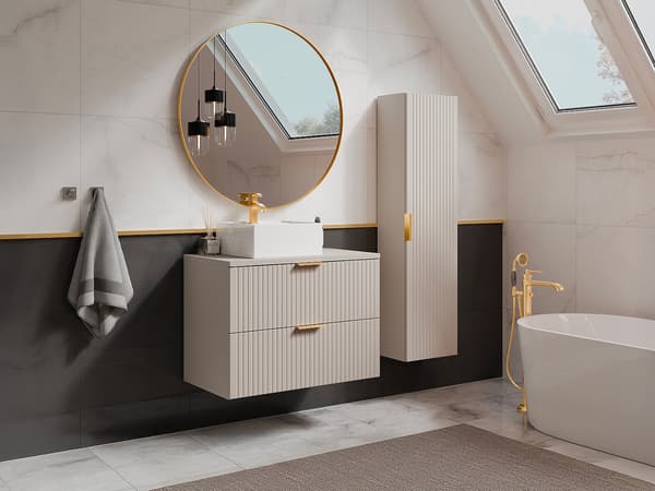 Vente-unique - Väggmonterat räfflat badrumsmöbel - Beige - H140 cm - ZEVARA