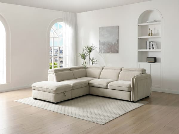 Vente-unique - Vänstervändvänd bäddsoffa med puff i beige tyg BALOTIA