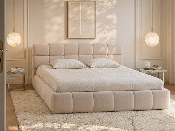 Vente-unique - Förvaringssäng 160 × 200 cm i beiget tyg FORVIK II