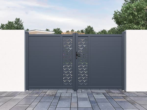 Vente-unique - Svänggrind i aluminium halvt solid med mönster L305 x H181 cm antracitgrå GREGOR