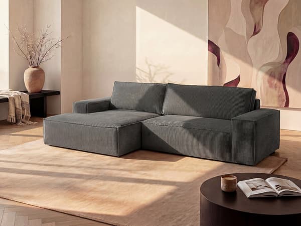 Vente-unique - Vänstervändvänd bäddsoffa i mörkgrå manchester AMELIA