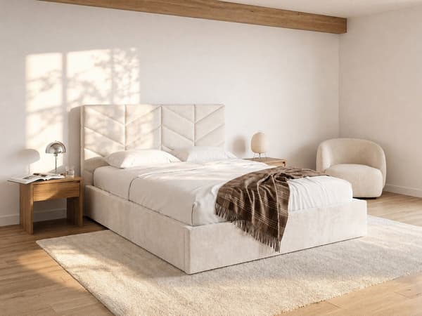 Vente-unique - Säng med förvaring 200 x 200 cm - Texturerat tyg - Krämfärgad - JUSTANI