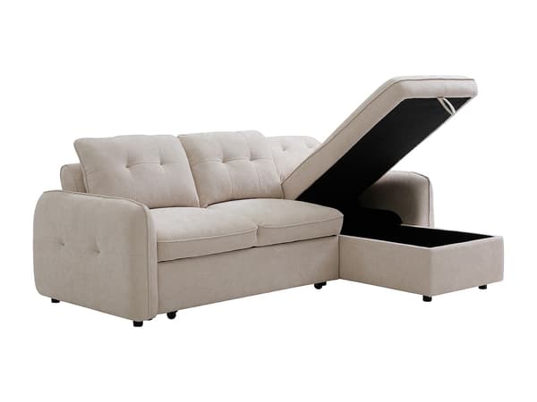 Vente-unique - Hörnsoffa med bäddfunktion och vändbar i beige texturerat tyg POBAVA