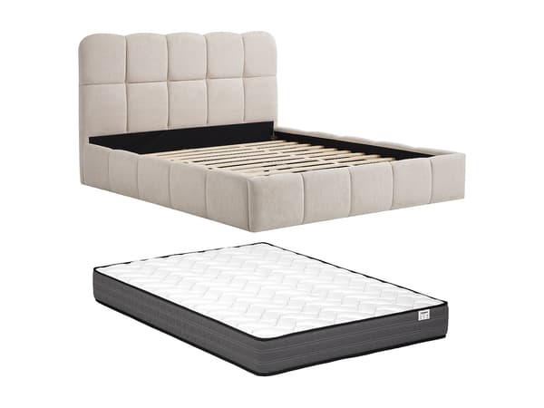 Vente-unique - Sängram 140 x 190 cm - Texturerad tyg - Beige + Madrass DILUDO