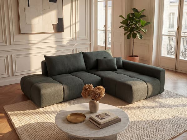 Vente-unique - Höger öppen bäddsoffa i grönt texturerat tyg MINTURNO