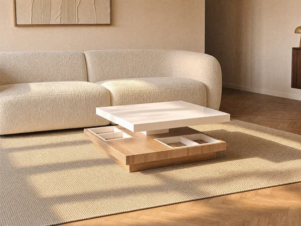 Vente-unique - Soffbord med vridbar bordsskiva i vitlackerad MDF och ek FAUSTO II