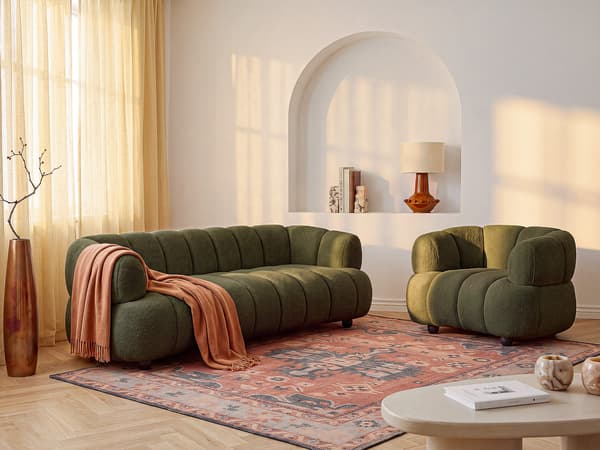 Vente-unique - Soffa 3 sits och fåtölj i grönt bouclétyg COLIANI